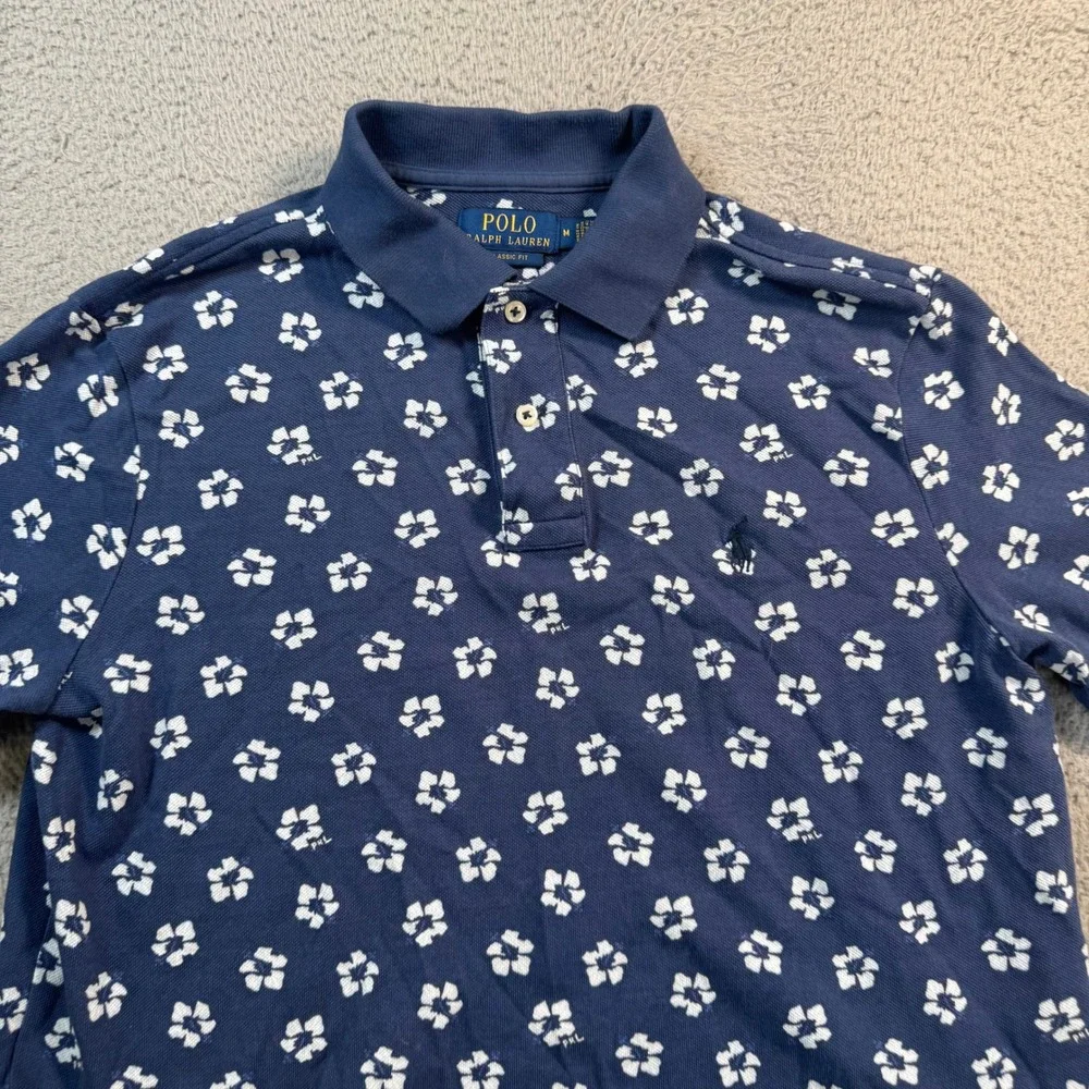 Polo Ralph Lauren Mens Medium Navy Blue Floral Hibiscus Classic Fit Polo Shirt